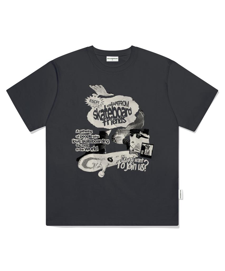 ESCAPEFROM Skateboarder Friends Print Oversized Short Sleeve T-Shirt Charcoal