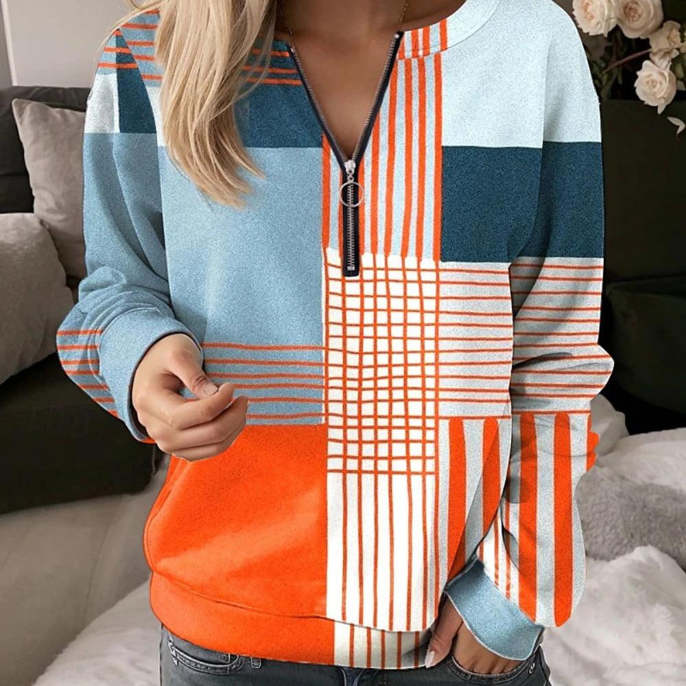 Клетчатая вставка Европейский и американский новый женский принт V-образный вырез Полумолния С длинным рукавом Пуловер Свободная толстовка