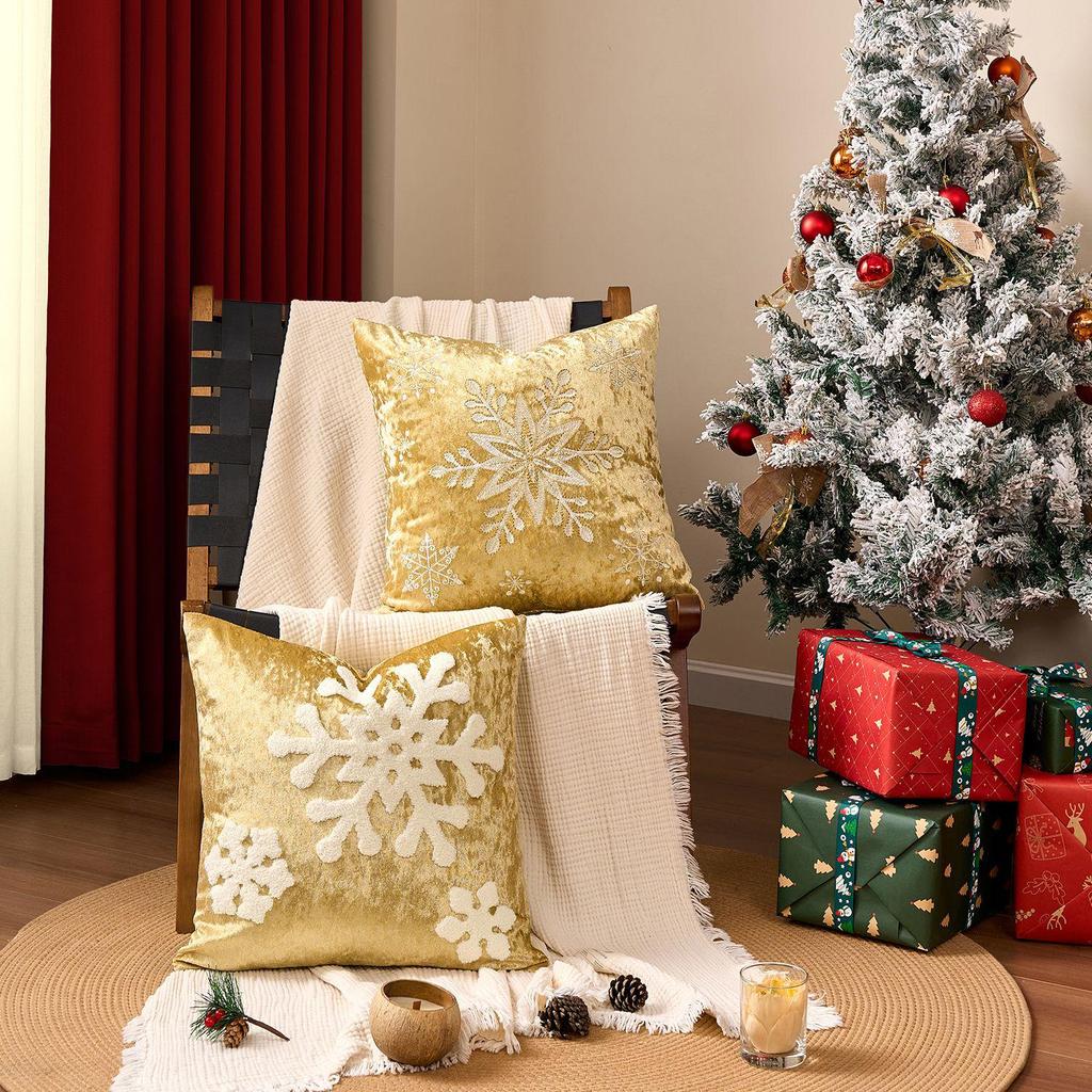 Gold Pillowcase with Reindeer and Snowflake Embroidery - Christmas Cushion Cover