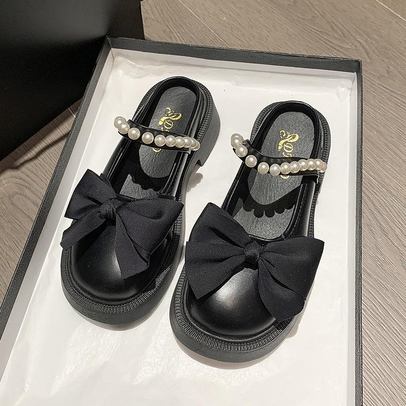 Мода 2024 Лето Новые женские туфли Модные тапочки с бантом на толстом каблуке для женщин Винтажные туфли в британском стиле с жемчугом для женщин