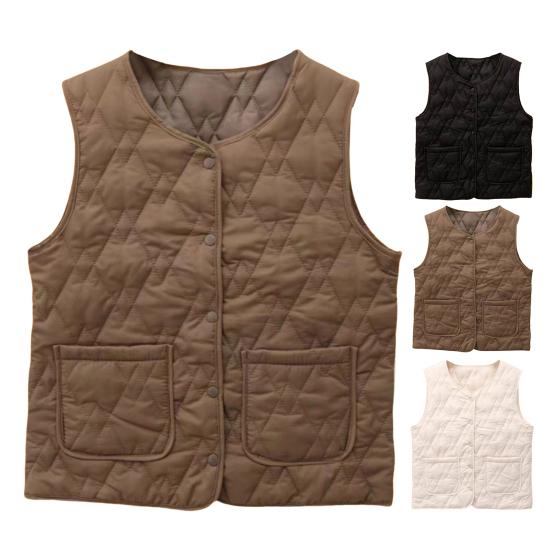 Women's Thermal Vest Sleeveless Single-breasted Closure Jacket Solid Color Round Neck Imitation Silk Cotton Padded Waistcoat for Autumn Winter