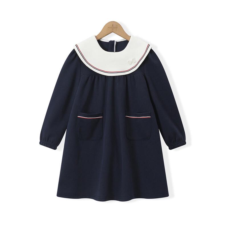 Девичье платье-принцесса с длинным рукавом и темно-синим воротником