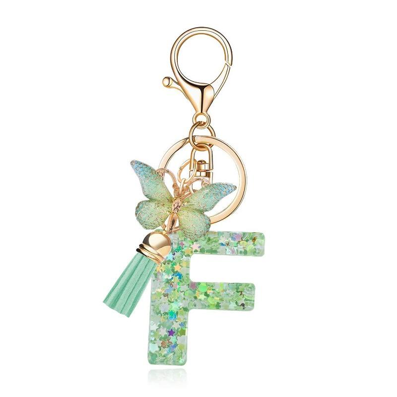 A-Z Dreamy Letters Keychain for Women Tassels Butterfly Pendant Initial Keyrings Purse Suspension Bags Car Key Chain Pink