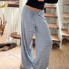 Women Casual Pants Straight Wide Leg Striped Print Long Trousers Adjustable Waist Strap Loose Fit Lounge Pants