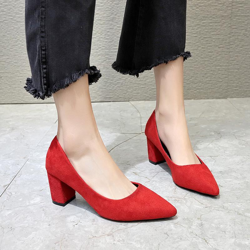 Fashion Suede High Heels Pumps Women Shoes 2024 Spring Autumn Shoes Women Fashion Shallow Pointed Pumps Square Heel Office Female Shoes