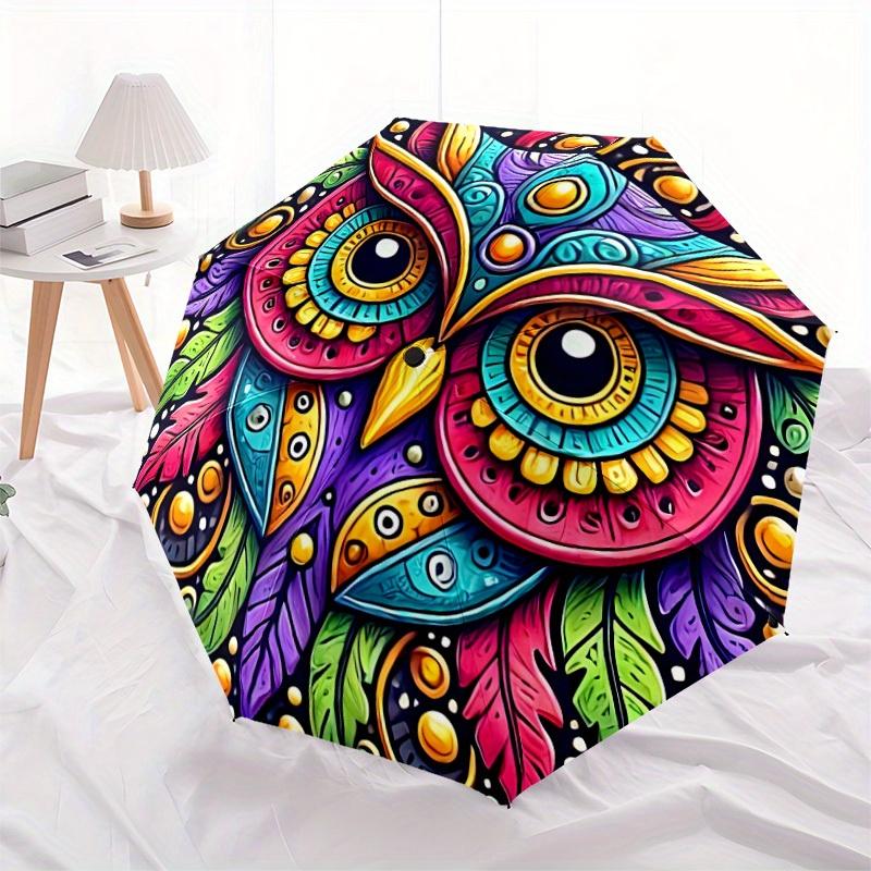1pc Colorful Owl Mandala Folding Umbrella With Excellent UV Protection, 8 Ribs Casual Durable Lightweight Portable Travelling Umbrella For M