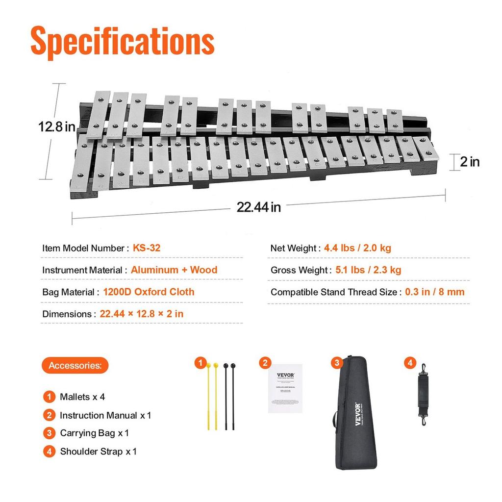 32 Note Glockenspiel Xylophone Bell Kit with Mallets, Drum Sticks and Bag