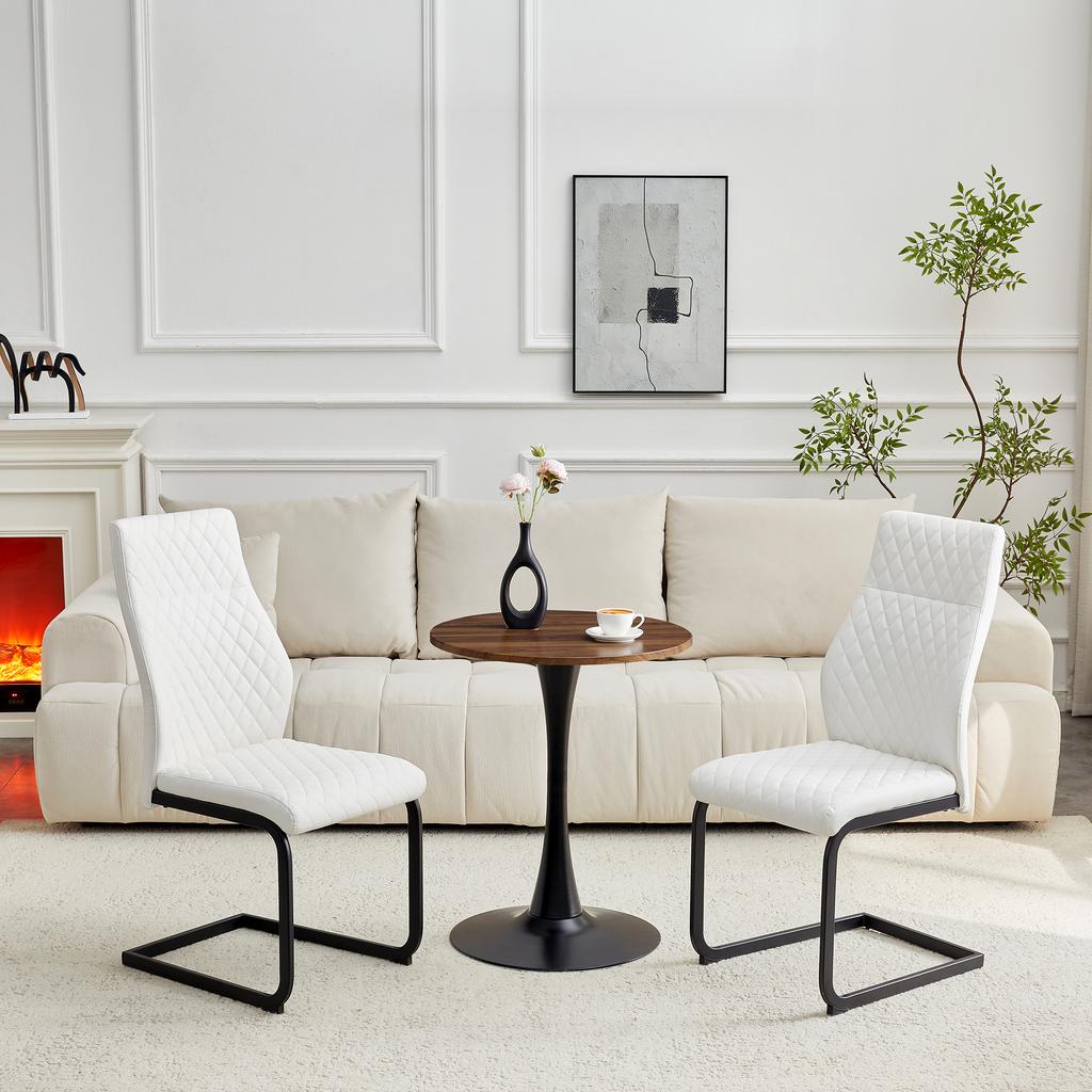 Table and chair set: round 60 cm MDF table, black support foot, 2 white dining chairs, diamond backrest, metal frame, for European living spaces.
