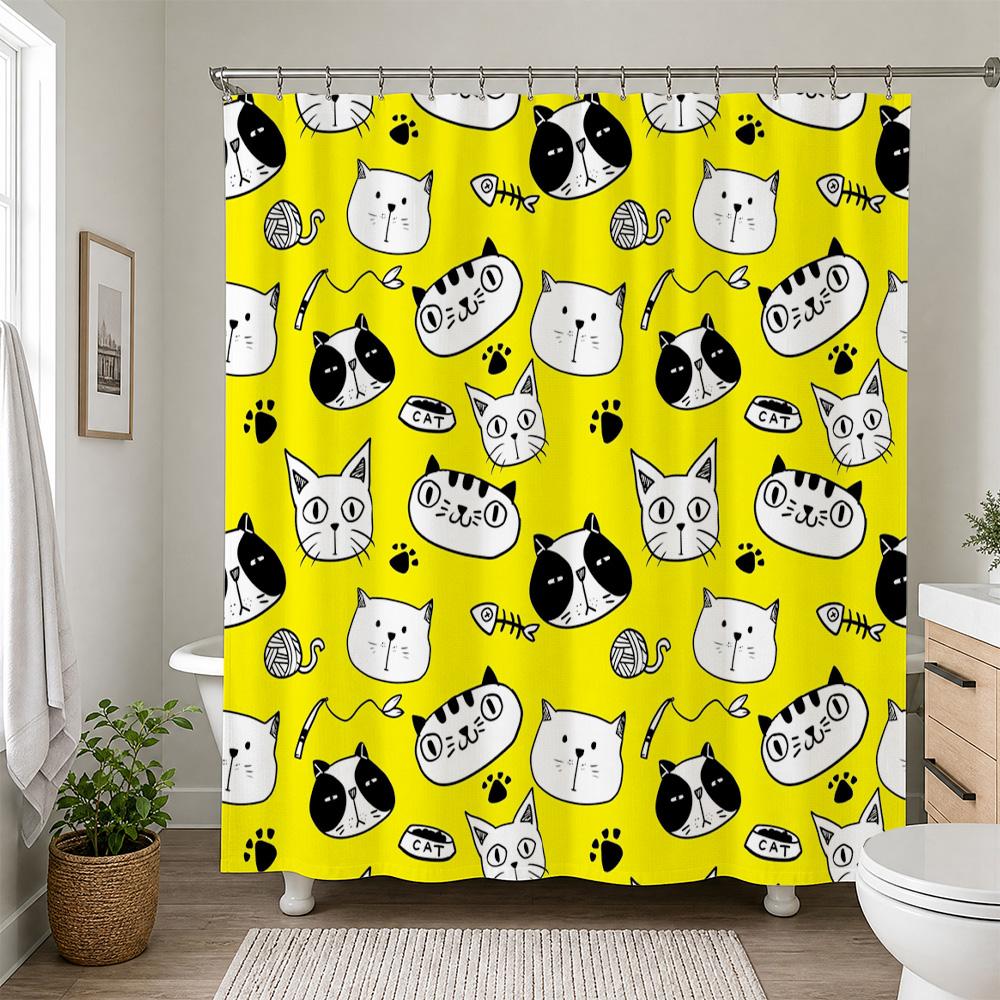 Funny Cat Print Shower Curtain Liner Waterproof Yellow Background Animal Decor for Bathroom Shower Curtain Bath Room Home