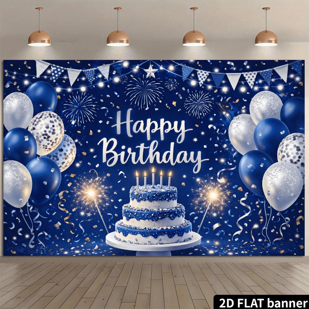 2D background, suitable for birthday parties, with a dark blue starry theme, featuring a three-layer blue and white cake design