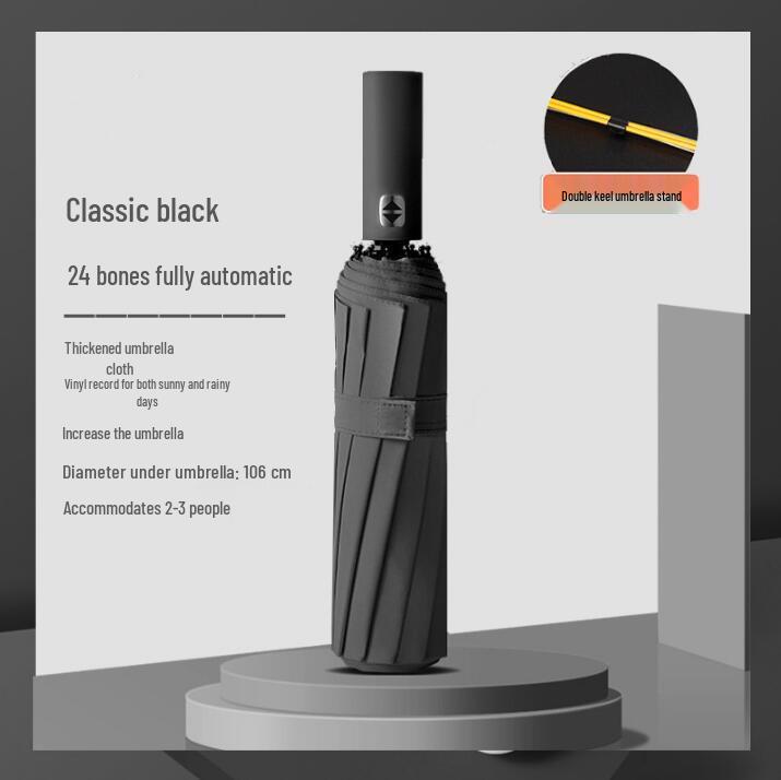 Ультрапрочный зонт-автомат двойного сложения черного цвета с защитой от УФ-лучей.