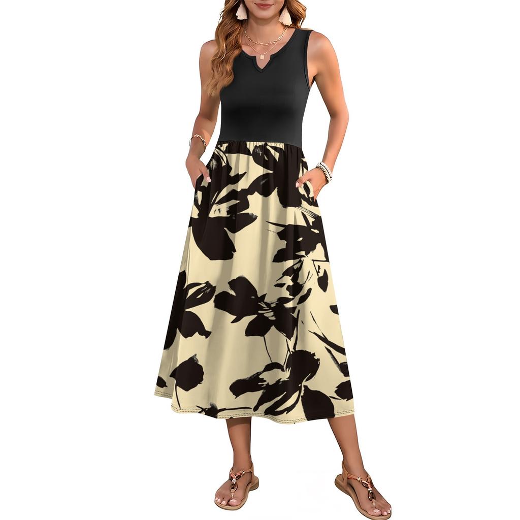 Женское платье без рукавов с цветочным принтом и высокой талией, модное и элегантное