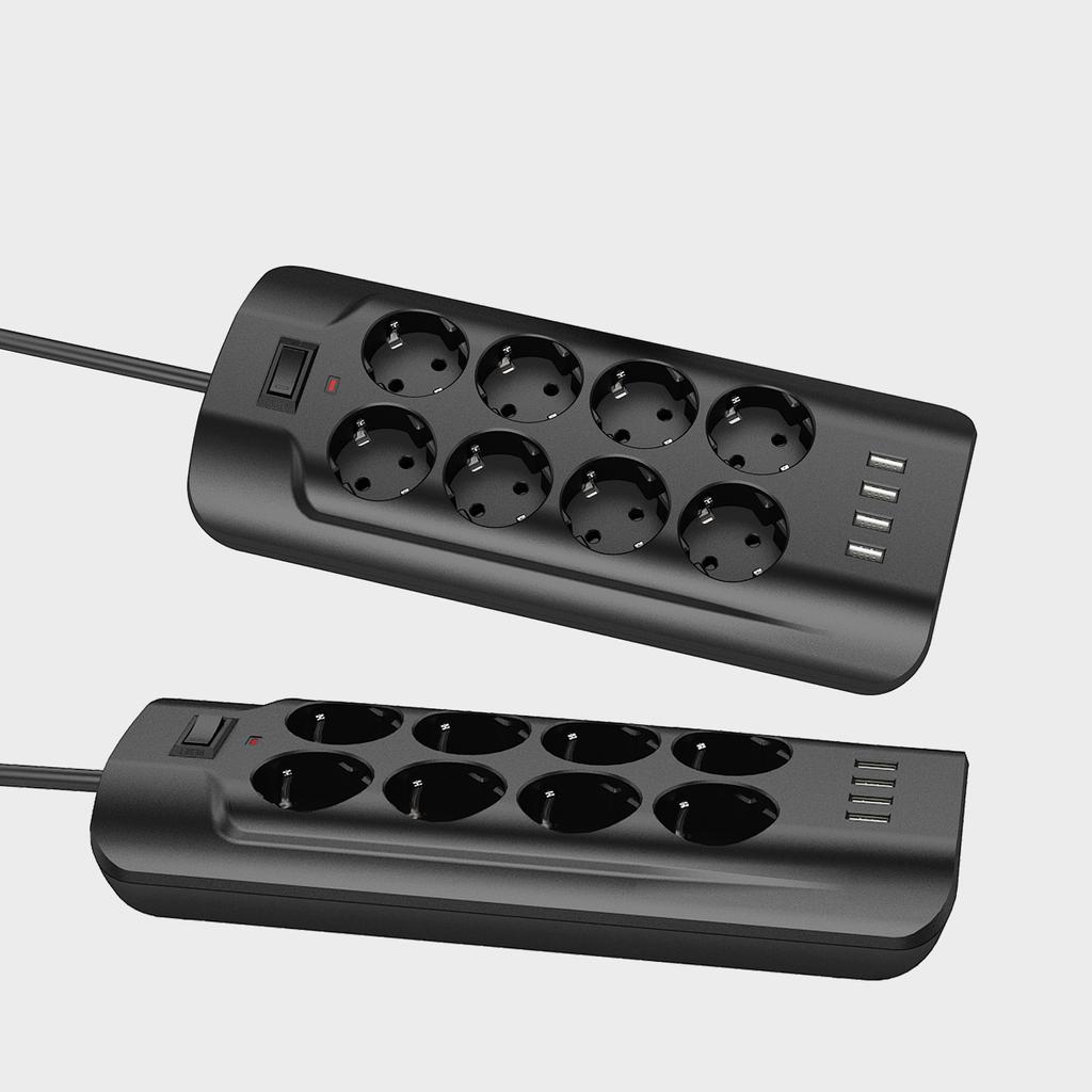 Умная розетка, кабель 2 м, 8 розеток, 4 USB-порта для быстрой зарядки — черная розетка
