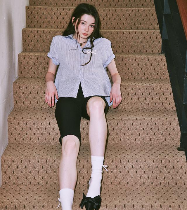 RONRON Seersucker Basic Short Shirt Blue Stripe
