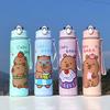 Бутылка для воды 700 мл с крышкой, переключающейся одним нажатием, портативная спортивная бутылка для воды с соломинкой, встроенной ручкой, безопасным замком, защитой от протечек, для использования на открытом воздухе