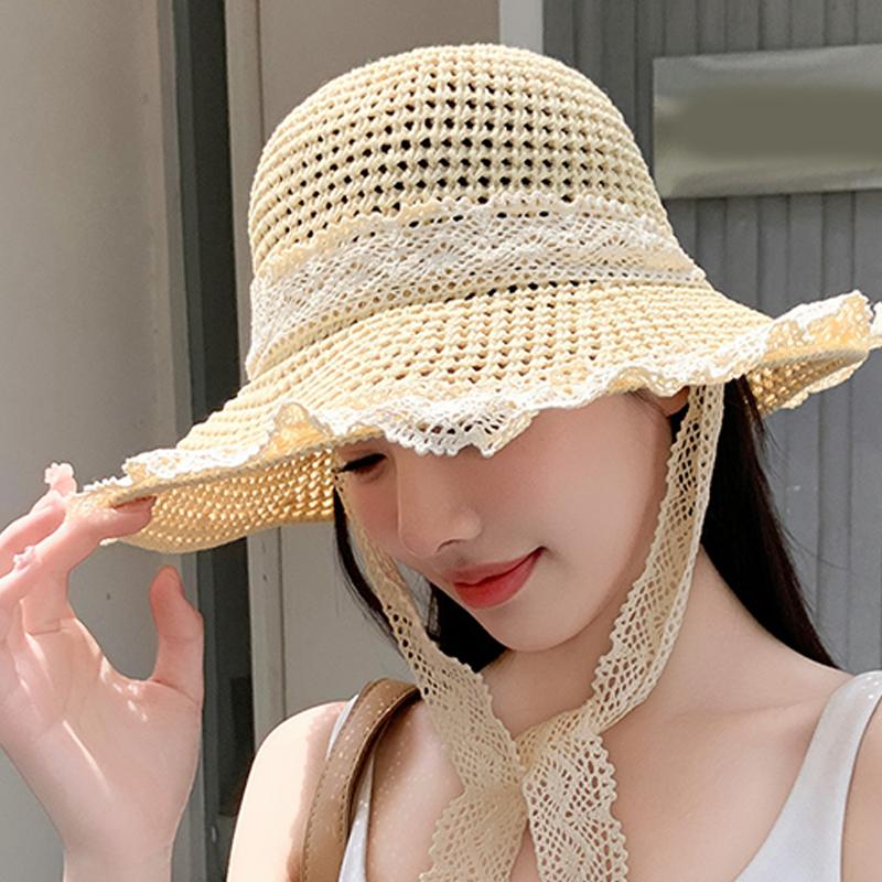 Соломенная шляпа женская кружевная шляпа рыбака с ремешком из кружева защита от солнца полая дышащая шляпа от солнца дорожная шляпа от солнца на море