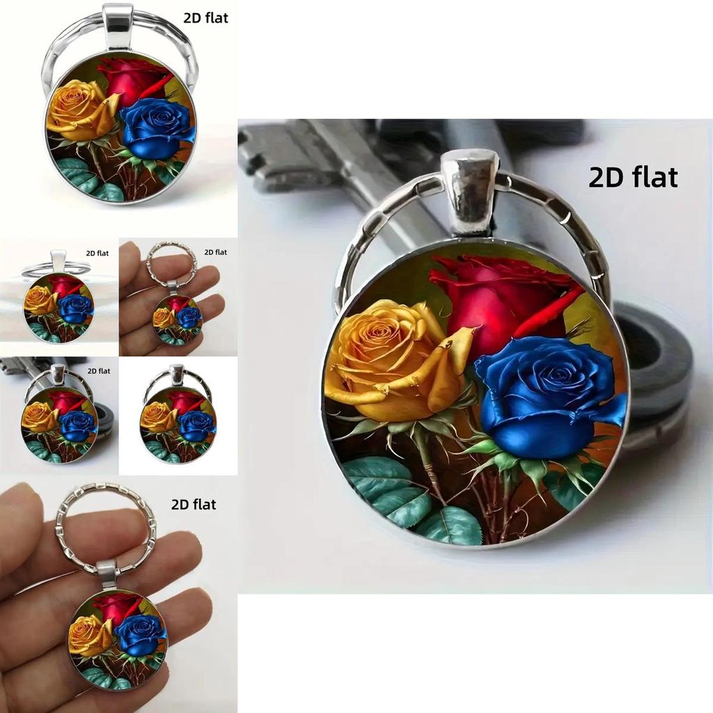 Red Yellow Blue Rose Design Keyring With Zinc Alloy And Glass For Collectors Item