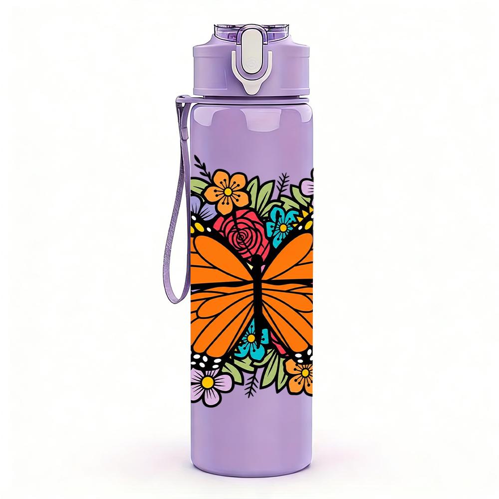1PC Monarch Butterfly Floral 750ml Color Plastic Sports Water Bottle Leakproof Flip Straw Lid Suitable for Sports Office Home Use