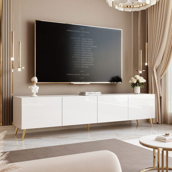 Meuble TV ANGEL - avec LED - 200x40x49 cm - 4 portes sans poignées - Blanc brillant
