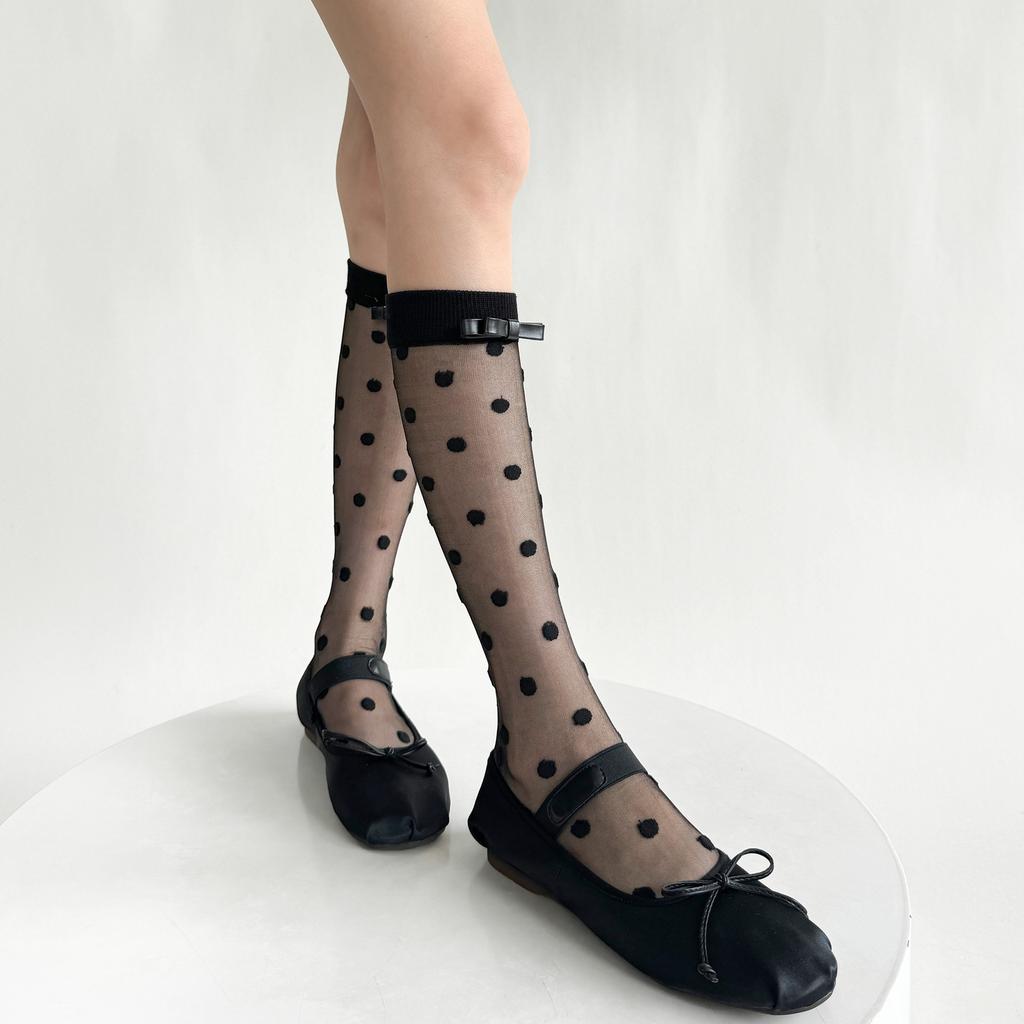 Black White Nylon Long Socks Stockings Women Ultra-thin Transparent Polka Dot Crystal Silk Socks Cute Bow Sweet Girls Knee Socks