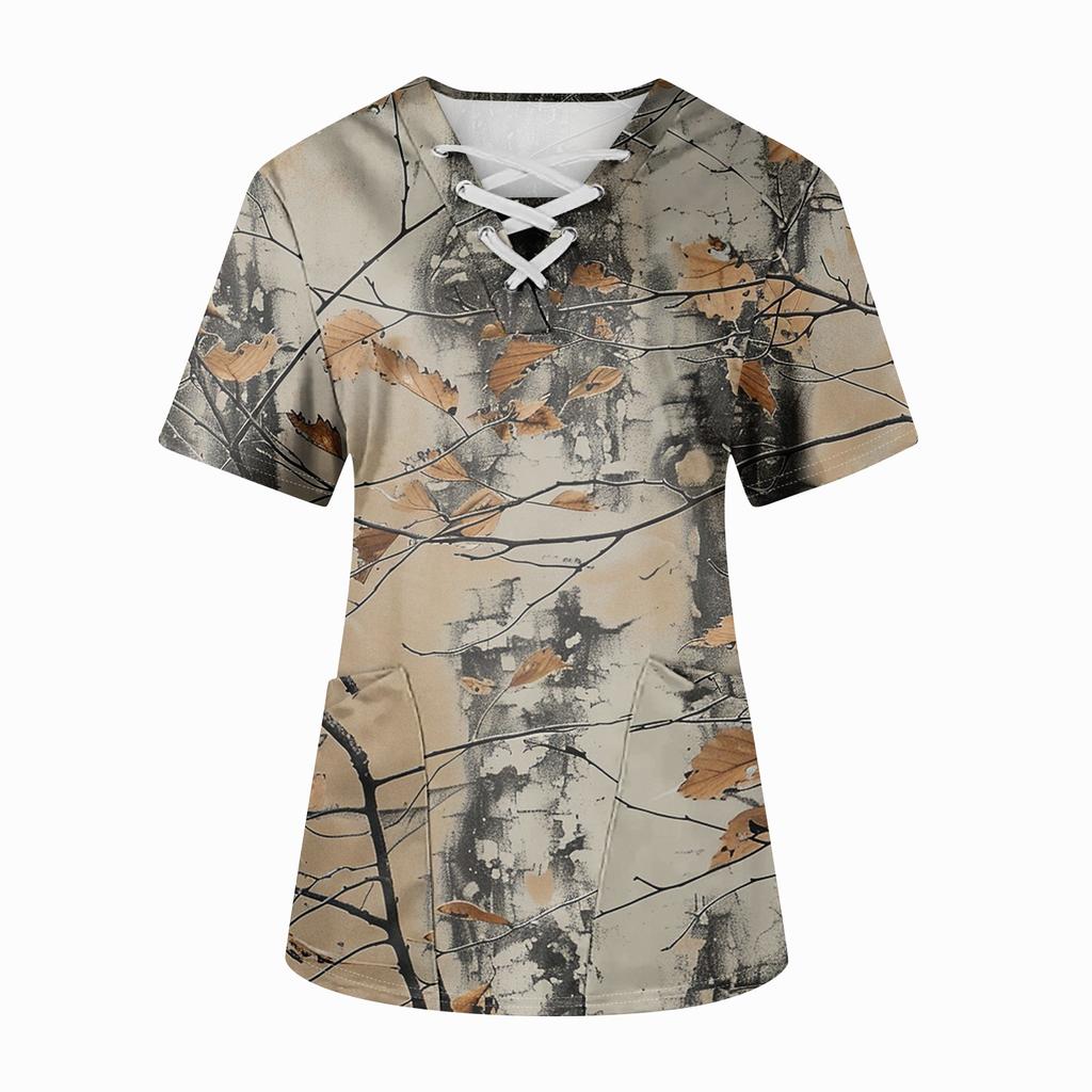 Плюс размерСкраб с принтом Рабочая форма Топы для женщин Крест V-образным вырезом Хэллоуин Принт с короткими рукавами Забавные футболки Спецодежда Футболка с карманами