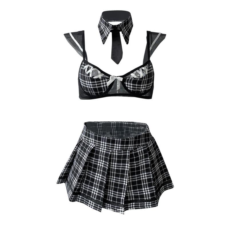 Sexy underwear sexy hollow pure desire three-point temptation plaid student uniform set-