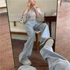Korean Retro Slim Fit Waist Light Blue Jeans Women's Tie High Waist Loose Casual Wide-leg Denim Trousers Women