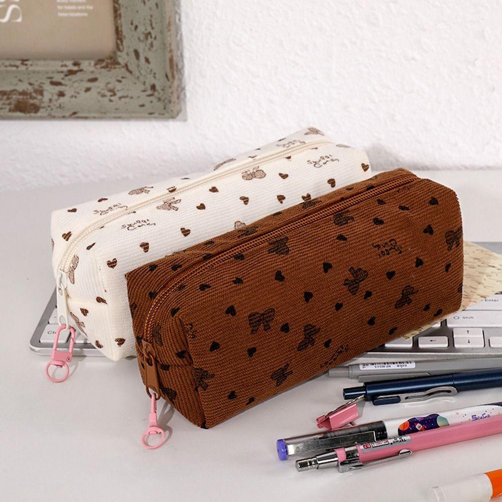 Bow & Heart Print Pencil Case Large Capacity Stationery Bag Simple Pen Bag Students