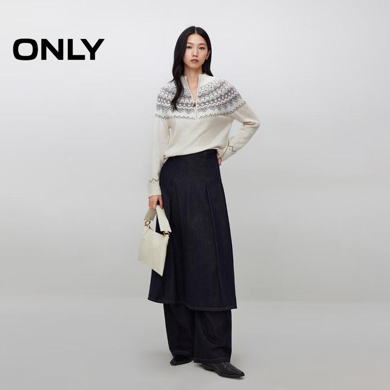 Only Женский вязаный свитер с жаккардовым узором в скандинавском стиле, с воротником-стойкой и планкой поло до середины.