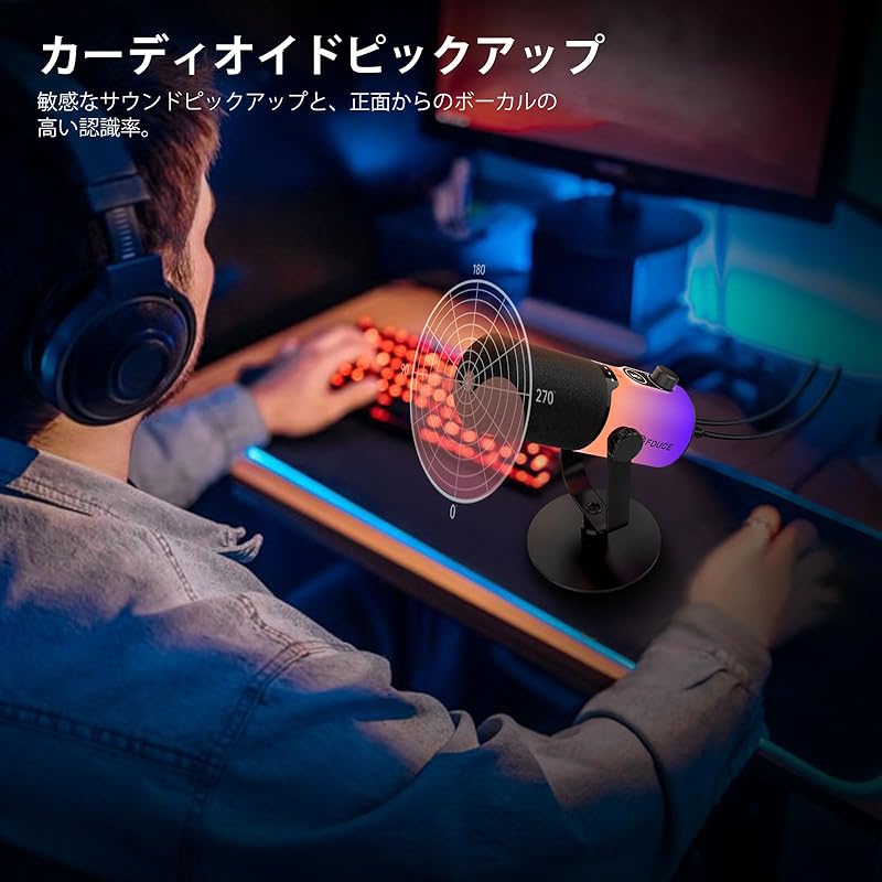 Игровой динамический микрофон FDUCE USB/XLR Для записи подкастов, потоковой передачи на ПК, вокала, RGB-подсветка, кнопка отключения звука, ручка регулировки усиления, разъем для наушников, настольный
