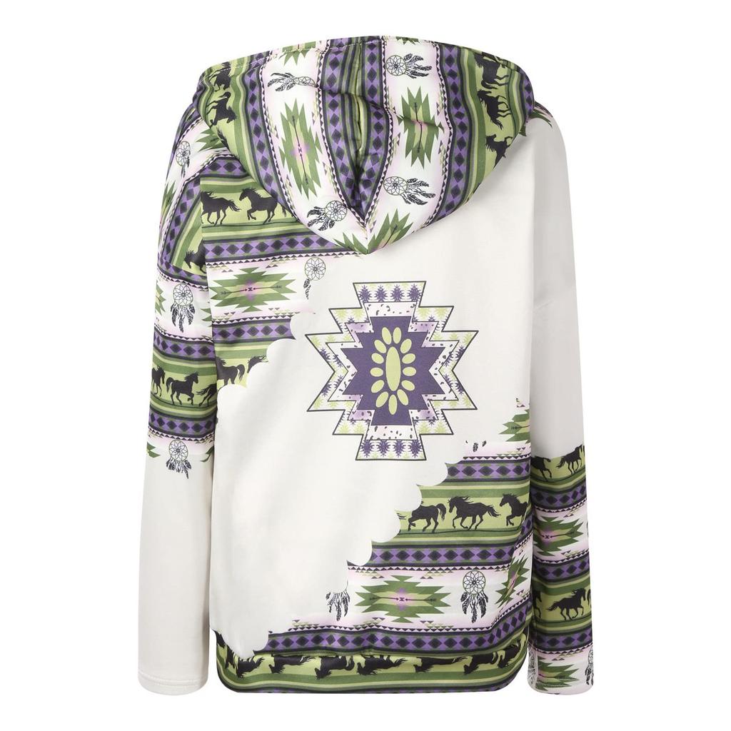 Womens Casual Geometric Horse Print Long Sleeve Drawstring Pullover Tops, Ethnic Style Hooded Sweatshirt