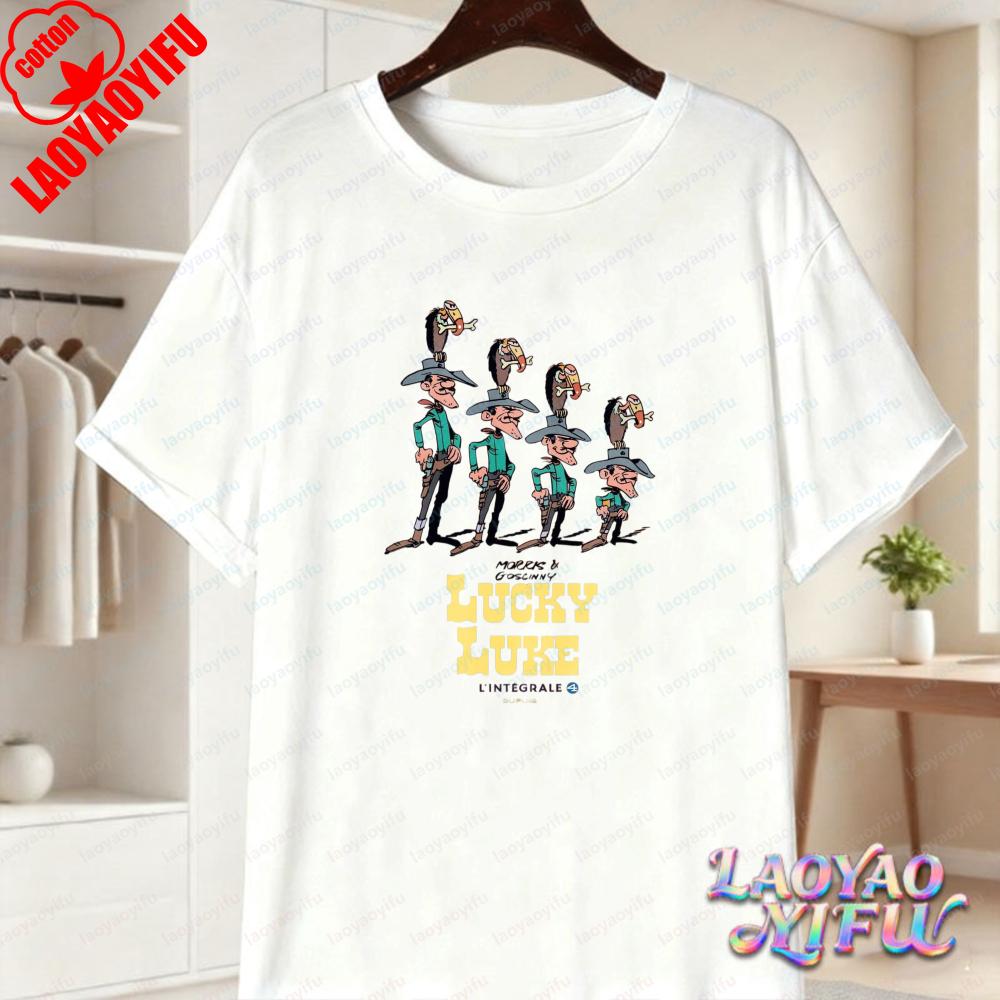 Lucky Luke Full Cast Print Casual Tops Playful Western Cartoon Cotton Tee Funny Vintage Classic Anime Shirt Trend Unisexs Clothing