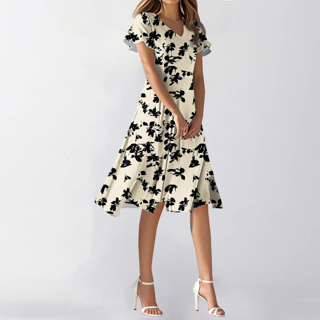 Женское летнее повседневное модное платье с цветочным принтом и V-образным вырезом, короткая юбка с коротким рукавом
