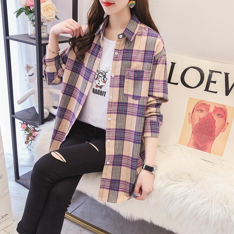 Qooth Женская осенне-зимняя клетчатая блузка в стиле ретро, элегантная свободная рубашка с длинным рукавом, пальто QT1910