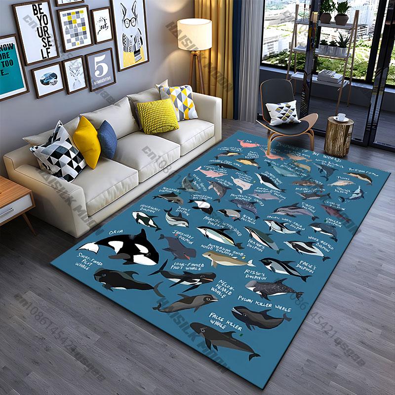 Diverse dolphin species illustrated carpet Yoga living room room decor children's crawling mat doormat area rug games mat