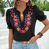 Женская летняя блузка с короткими рукавами, V-образным вырезом, вышивкой, повседневная, пуловер, рубашка, топ с оборками