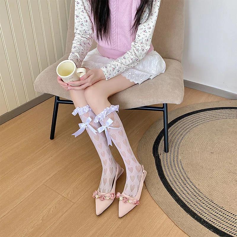 Чулки женские с принтом в виде сердца, ажурные, сексуальные, кружевные, сетчатые, гольфы, милые, с бантом, кавайные, с оборками, женские чулки