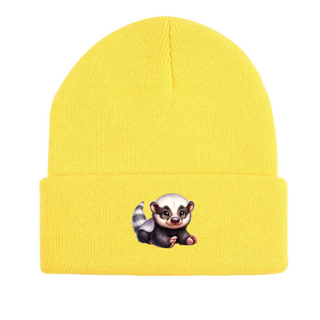 White Head Badger Print Knitted Cap Beanie, Animal Skull Cap Cuff Fit Stylish Bobble Hat Knit Hat Beanie