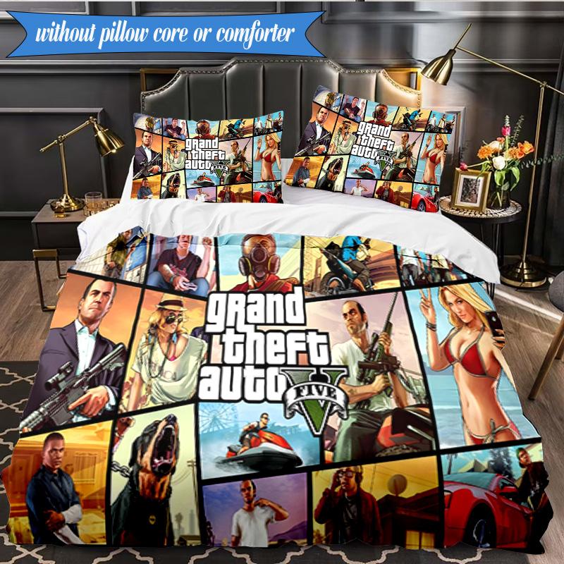 3PCS Theft Auto Printed Bedding Set For Bedroom dormitory, Includes 1 Duvet Cover & 2 Pillowcases for All Seasons Home Decor Fan gifts
