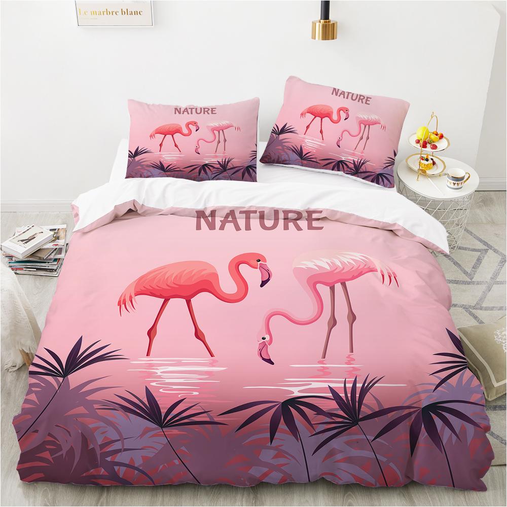 Animal Flamingo King Queen Duvet Cover Cartoon Pink Tropical Bird Bedding Set For Kids Teens Aduls Blue Soft 2/3pcs Quilt Cover