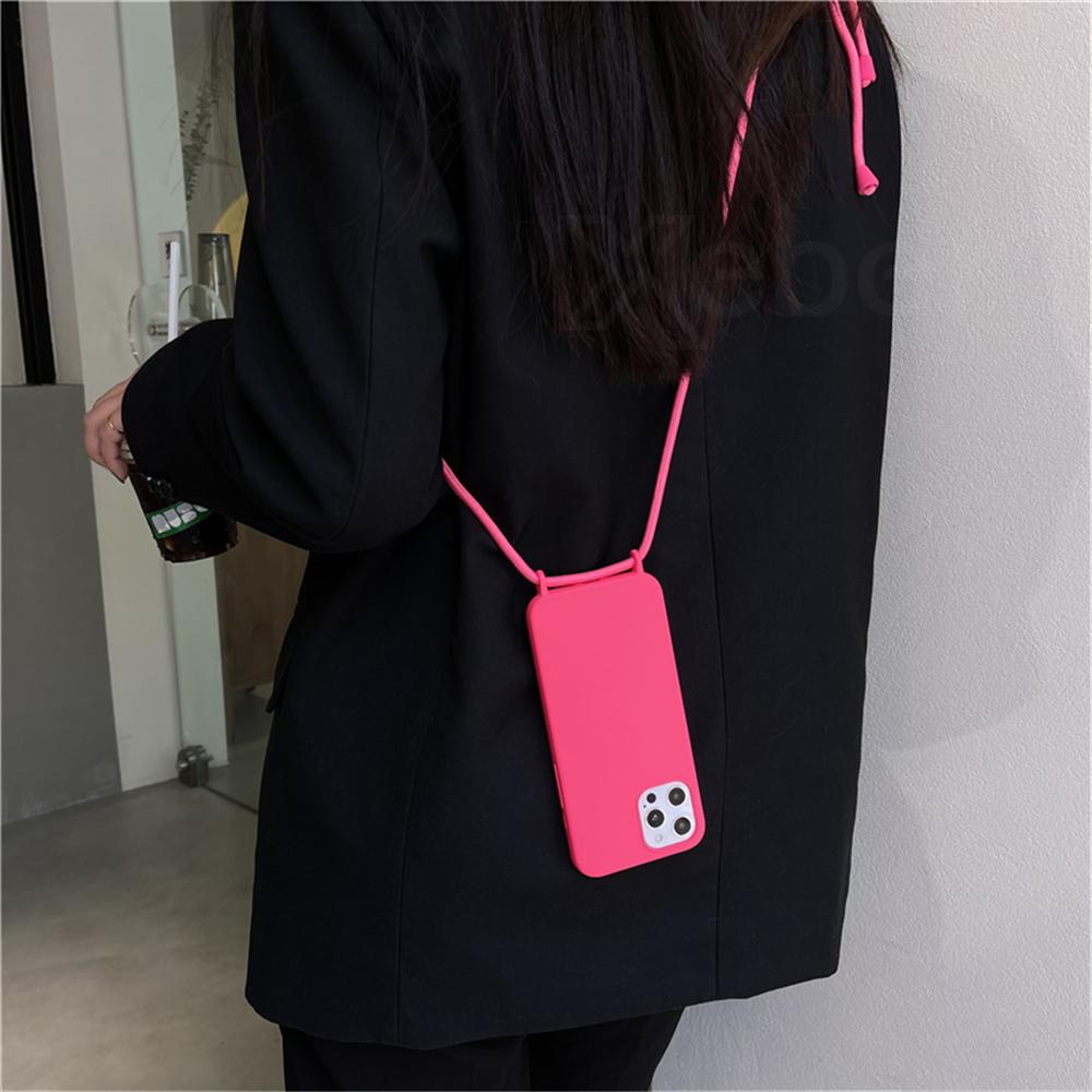 Crossbody Lanyard Cord Liquid Silicone Case For iPhone 13 16 12 Mini 14 15 Pro Max X XS XR 7 8 Plus SE Necklace Strap Soft Cover