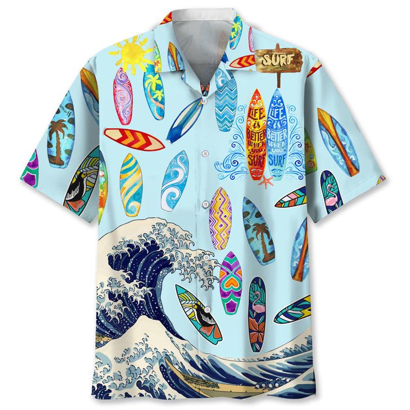 Tropical Surfing Graphic Hawaiian Shirt For Men Summer Beach 3d Printed Short Sleeves Cool Streetwear Tops Lapel Button Blouse