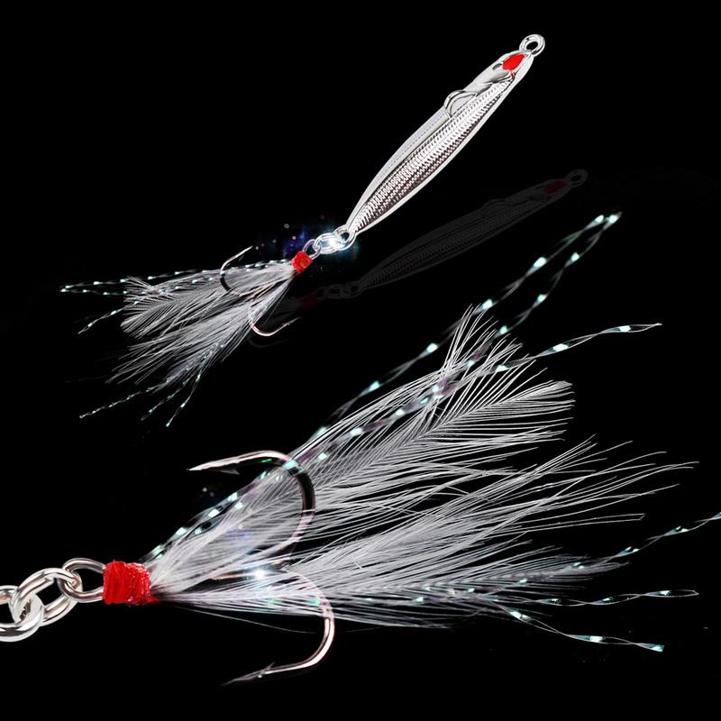 Серебристая металлическая приманка (маленькая рыбка, мормышка) с тройным крючком и пером