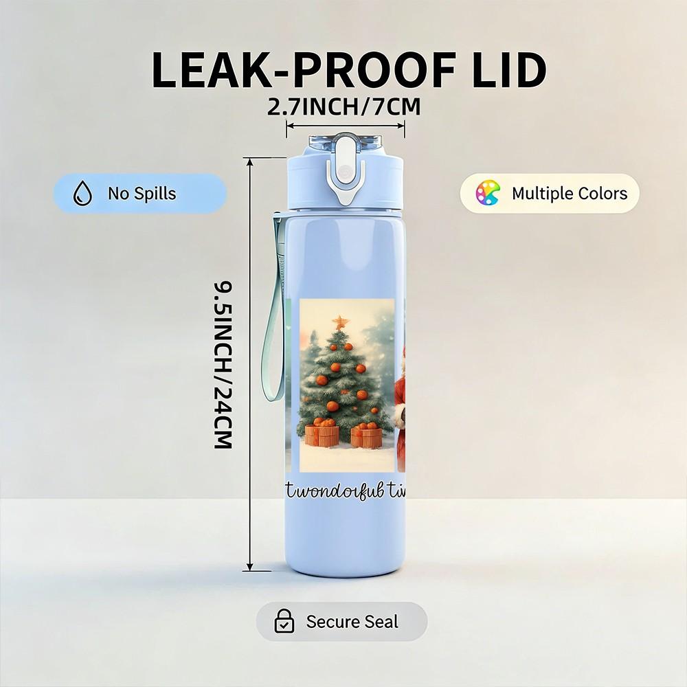 1PC Christmas Santa Snowman Scene 750ml Color Plastic Sports Water Bottle Leakproof Flip Straw Lid Suitable for Sports Office Home Use