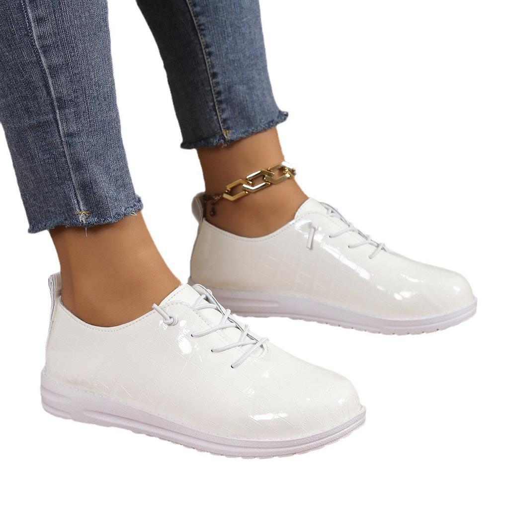 New Large Size Solid Color Leather European and American Fashion Versatile College Style Flat Bottom Lace-up Women's Shoes Foreign Trade Size 43