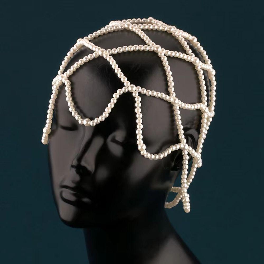 Pearls Weave Pearl Hat Chain Hand-Made Bridal Head Ornament Mesh Hair Accessories  Bridal Party