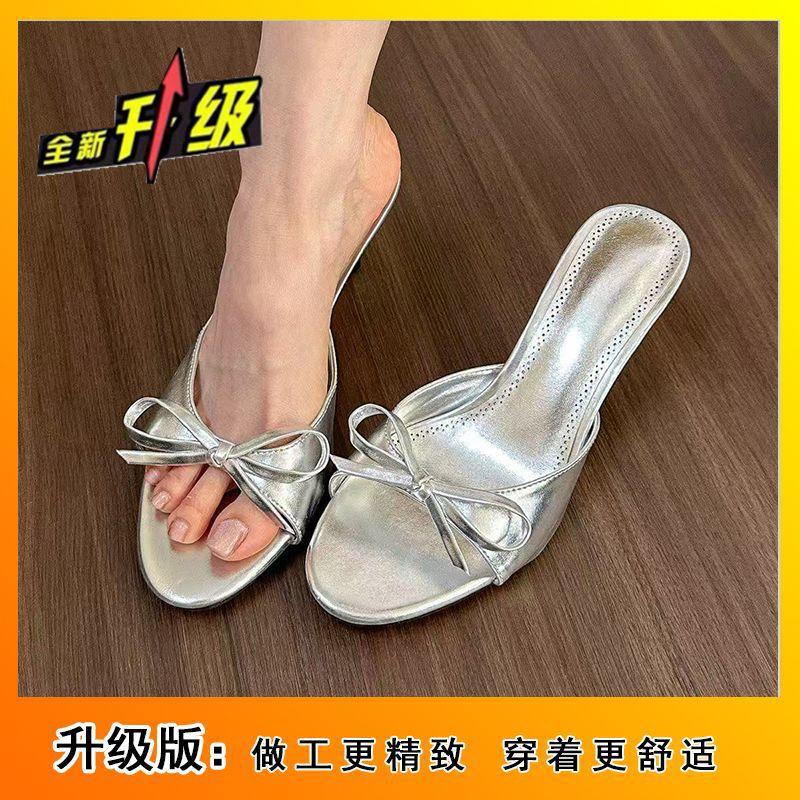Fashion Stiletto High Heels, Gentle French Pink Bow, One-word Cool Slippers for Women's 2025 Summer New Models