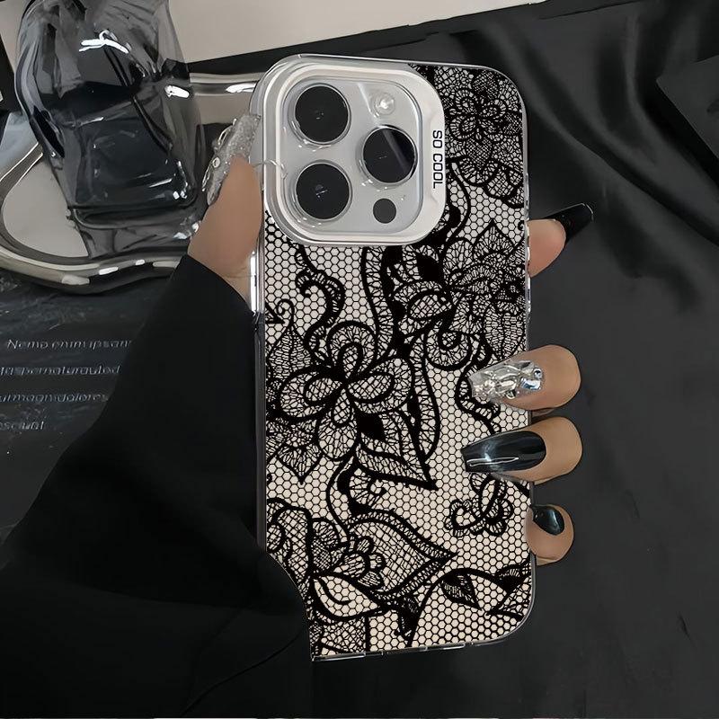 Black Lace Pattern Phone Case For iPhone 17 Pro Max 16 15 14 Plus 13 12 11 Pro Max 16E 17Air X XR XS Max Shockproof Soft Cover