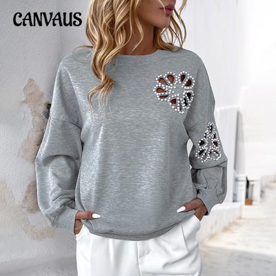 Топ с бисером, весна-осень, женский, круглый вырез, свободный, повседневный, с вырезом, пуловер, свитшот