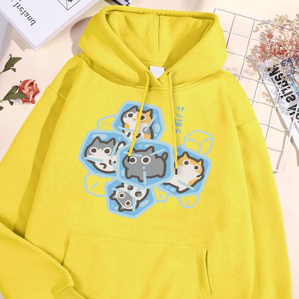 Толстовка с капюшоном Ice Cat Fun Cartoons Cats для мужчин и женщин в стиле Харадзюку, повседневная одежда, свободный свитер в стиле Streetwear, толстовки с капюшоном